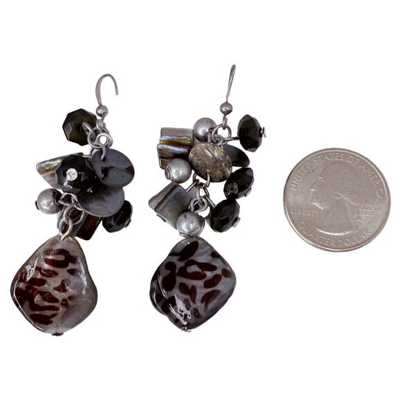 Vintage Cheetah Print Glass Cluster Dangle Earrings 2.5" Pearl Shell - Picture 6 of 9